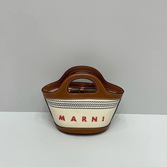 Marni Mini Canvas Tote with Tan Leather Trim and Red Logo - Picture 2 of 7